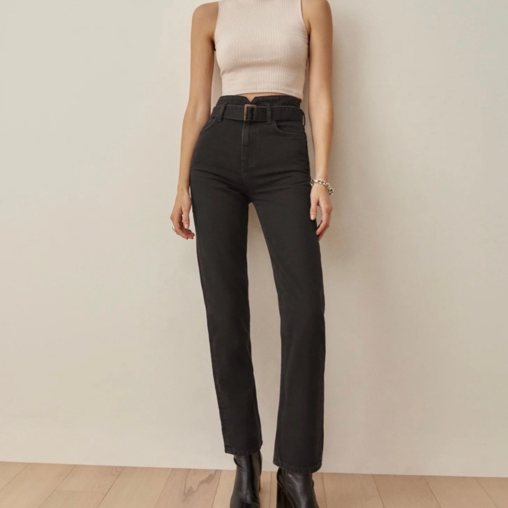 NWT Reformation Cynthia Belted High Rise Straight Jeans in Faded Black Size 24